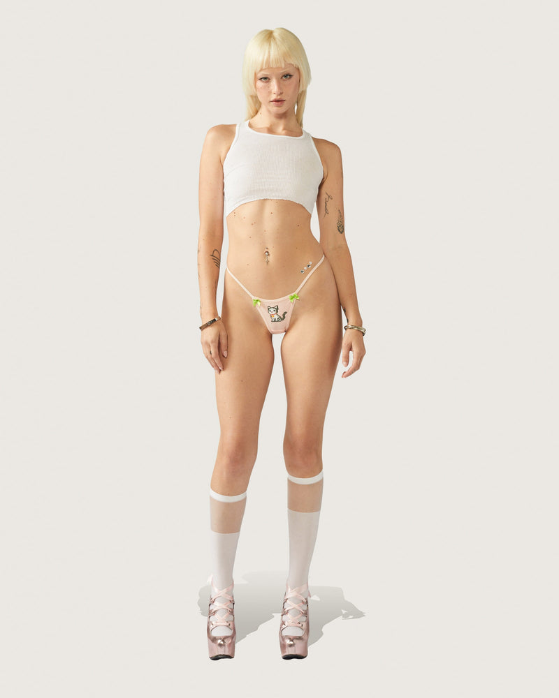 Cats n Scribbles CNS x DOLLZ 2000 Felix G-String underwear, white with colorful graphic design, close-up view of the lingerie.