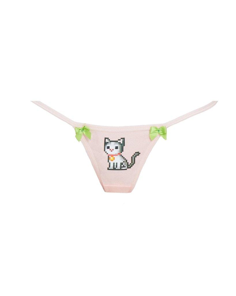 Cats n Scribbles CNS x DOLLZ 2000 Felix G-String underwear, white with colorful cartoon cat print, close-up view