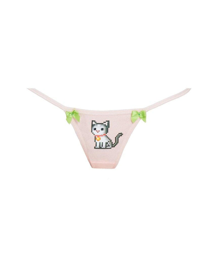 Cats n Scribbles CNS x DOLLZ 2000 Felix G-String underwear, white with colorful cartoon cat print, close-up view