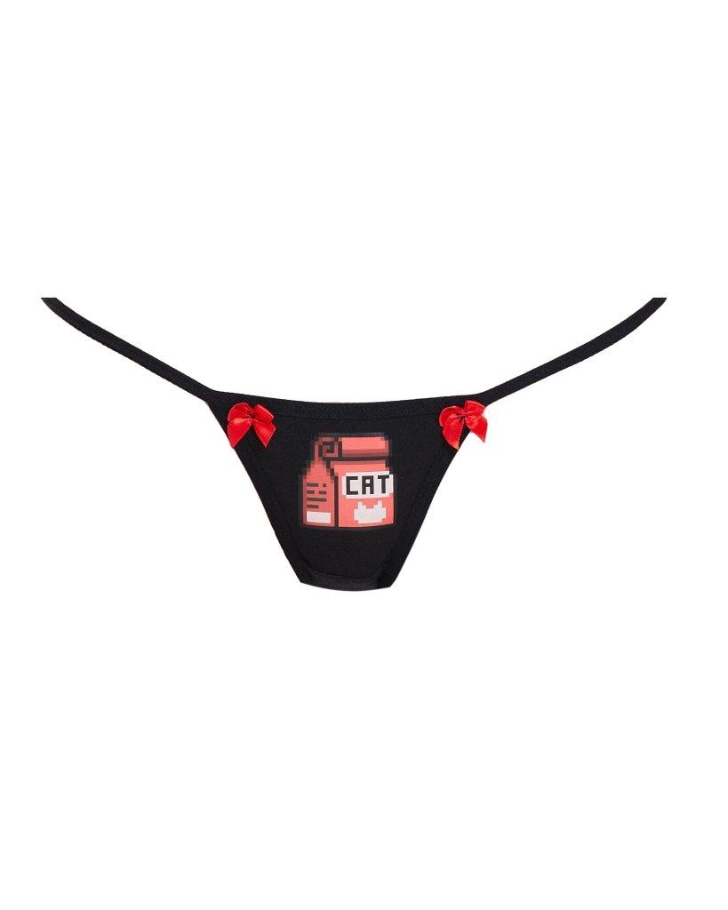Black CNS x Dollz 2000 Feed Cats G-String underwear by Cats n Scribbles, showcasing the minimalistic design and fit.