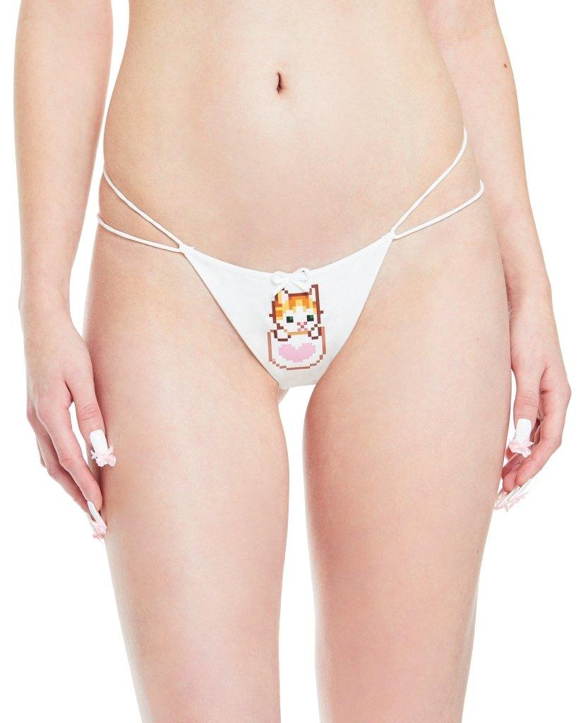 White Cats n Scribbles CNS x DOLLZ 2000 Kitten Tea G-String underwear, close-up of the playful, fitted lingerie design.