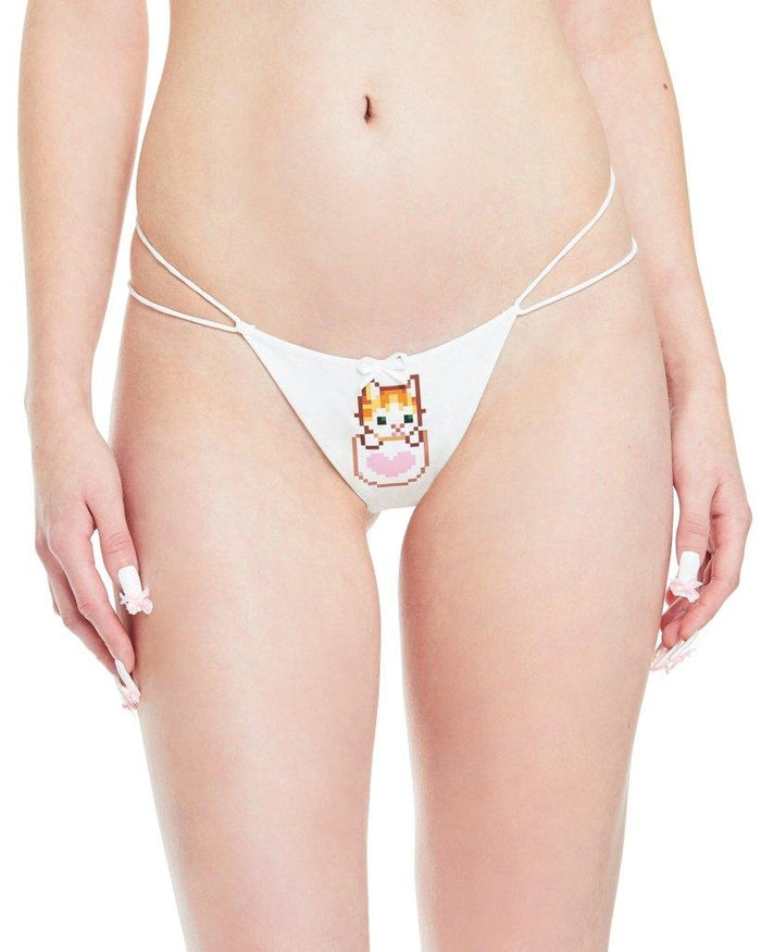 White Cats n Scribbles CNS x DOLLZ 2000 Kitten Tea G-String underwear, close-up of the playful, fitted lingerie design.