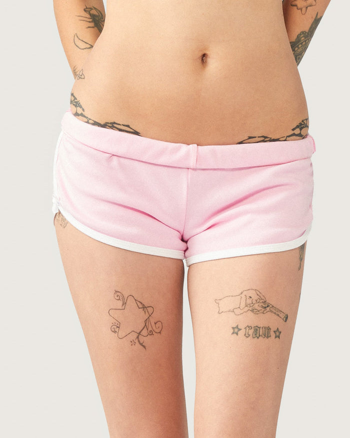Cats n Scribbles women's Kitty Girl booty shorts in XS, featuring a playful sweetheart design and vibrant print.