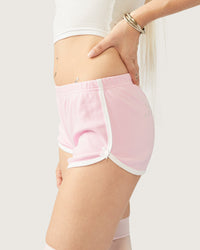 Pink Kitty Girl booty shorts for women, Cats n Scribbles brand, featuring a cute sweetheart design and playful style.