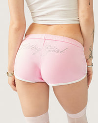 Pink Kitty Girl Booty Shorts for women from Cats n Scribbles, featuring a playful heart and cat print design.