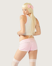 Pink Kitty Girl booty shorts for women by Cats n Scribbles, featuring a playful animal print design and a comfortable fit.