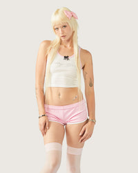 Pink Kitty Girl booty shorts for women by Cats n Scribbles, featuring a playful sweetheart design and comfortable fit.
