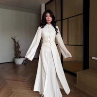 Chinese Frog Button Stand Collar Top & Wide-Leg Maxi Skirt Co-ord Set(MS483)