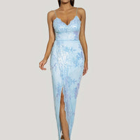 Women's floral sequin spaghetti strap sleeveless party dress by Cnasti Strings and Thangs, featuring vibrant floral embroidery and shimmering sequins.