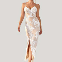 Floral sequin sleeveless spaghetti strap party dress for women by Cnasti Strings and Thangs, featuring shimmering sequins and floral design.