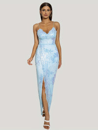 Women's floral sequin spaghetti strap sleeveless party dress by Cnasti Strings and Thangs, featuring a shimmering sequin design and floral details.