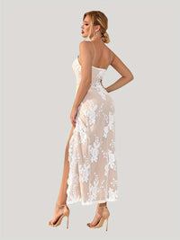 Floral sequin spaghetti strap sleeveless party dress by Cnasti Strings and Thangs, featuring vibrant floral sequins and a fitted silhouette.