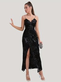 Floral sequin spaghetti strap sleeveless party dress by Cnasti Strings and Thangs, perfect for evening events and celebrations.