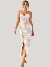 Floral sequin spaghetti strap sleeveless party dress by Cnasti Strings and Thangs, featuring floral embellishments and a fitted silhouette.