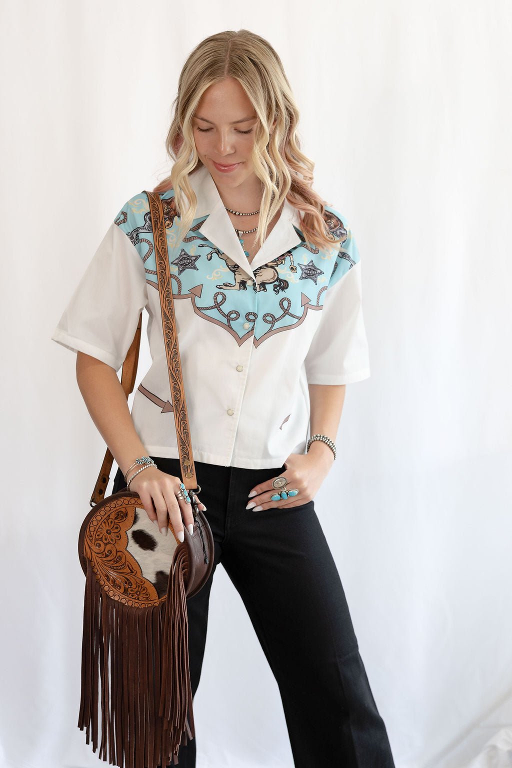 Silver Screen button-down short sleeve top for women by Cowhide and Conchos, featuring a stylish silver-tone design and classic fit.