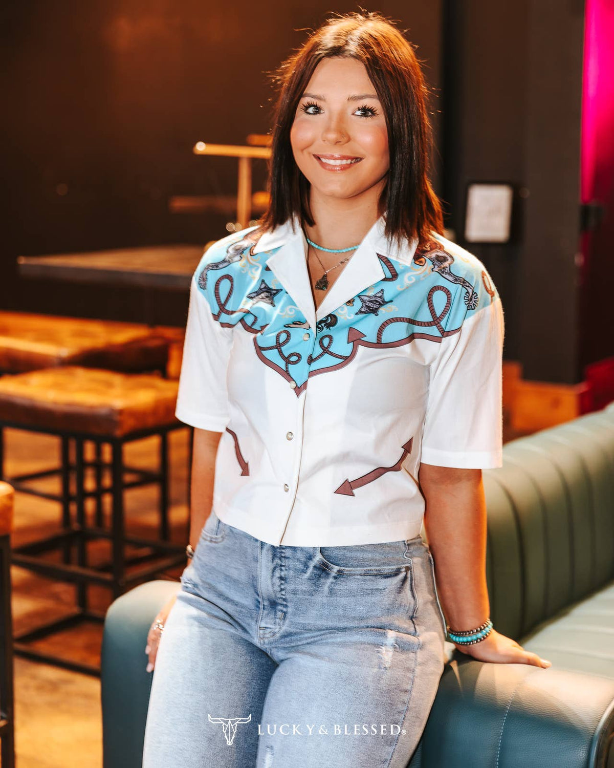 Silver Screen button-down short sleeve top for women by Cowhide and Conchos, featuring a stylish silver-tone design.