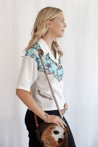 Silver Screen button-down short sleeve top for women by Cowhide and Conchos, featuring a stylish, silver-toned design.