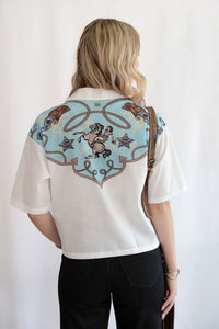 Silver Screen button-down short sleeve top for women by Cowhide and Conchos, featuring a stylish silver-tone design.