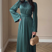Cross-Wrap Ruched Neck Satin Maxi Dress(MS445)