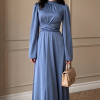 Cross-Wrap Ruched Neck Satin Maxi Dress(MS445)