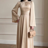 Cross-Wrap Ruched Neck Satin Maxi Dress(MS445)