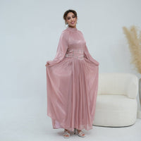 Crystal-Embellished Wide Belt Puff-Sleeve Maxi Dress(MS477)