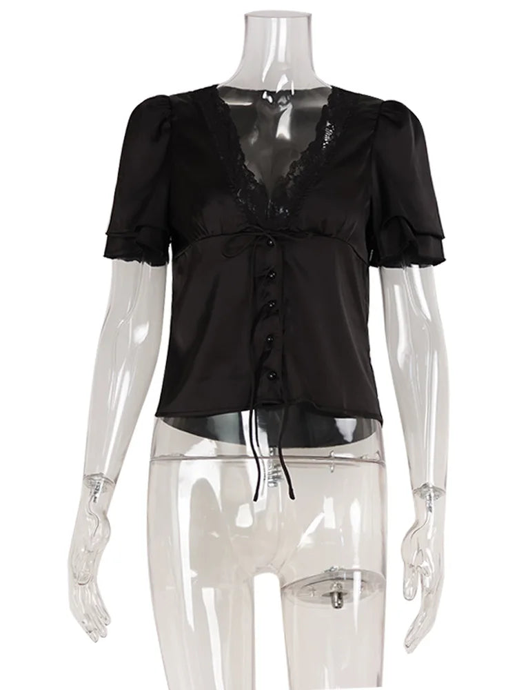LORNEA women's casual satin lace top with short sleeves, slim fit, button detail, suitable for streetwear and everyday wear.