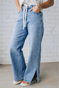 Myosotis Side Slit High Rise Drawstring Casual Jeans