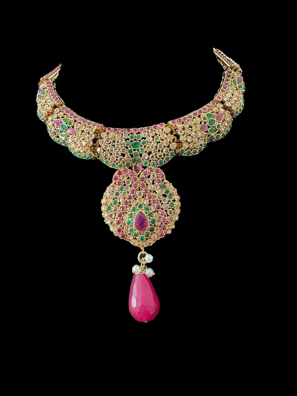 Deccan Jewelry BR463 Deepa multicolor bridal CZ necklace set with matching jhoomar tika, intricate jewelry for special occasions