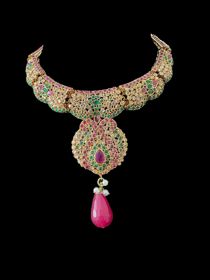 Deccan Jewelry BR463 Deepa multicolor bridal CZ necklace set with jhoomar tika, showcasing intricate design and vibrant colors.