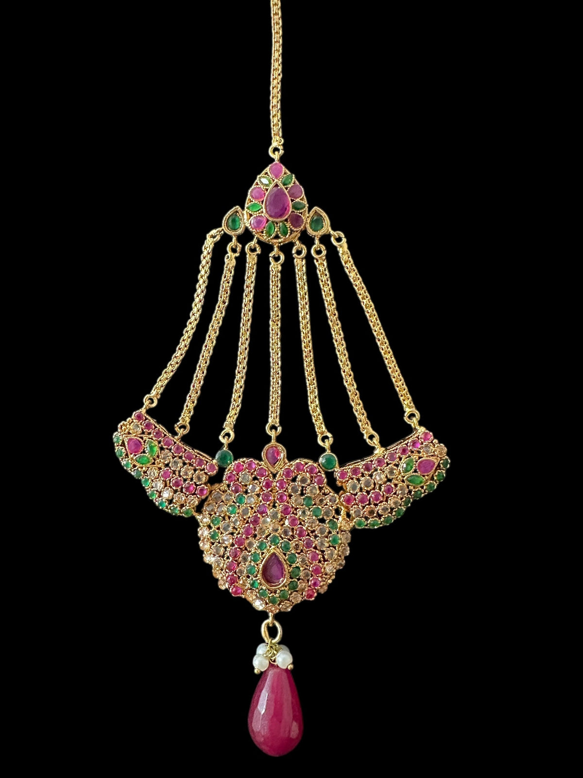 Deccan Jewelry BR463 Deepa multicolor bridal CZ necklace set with matching jhoomar tika, ornate jewelry for special occasions