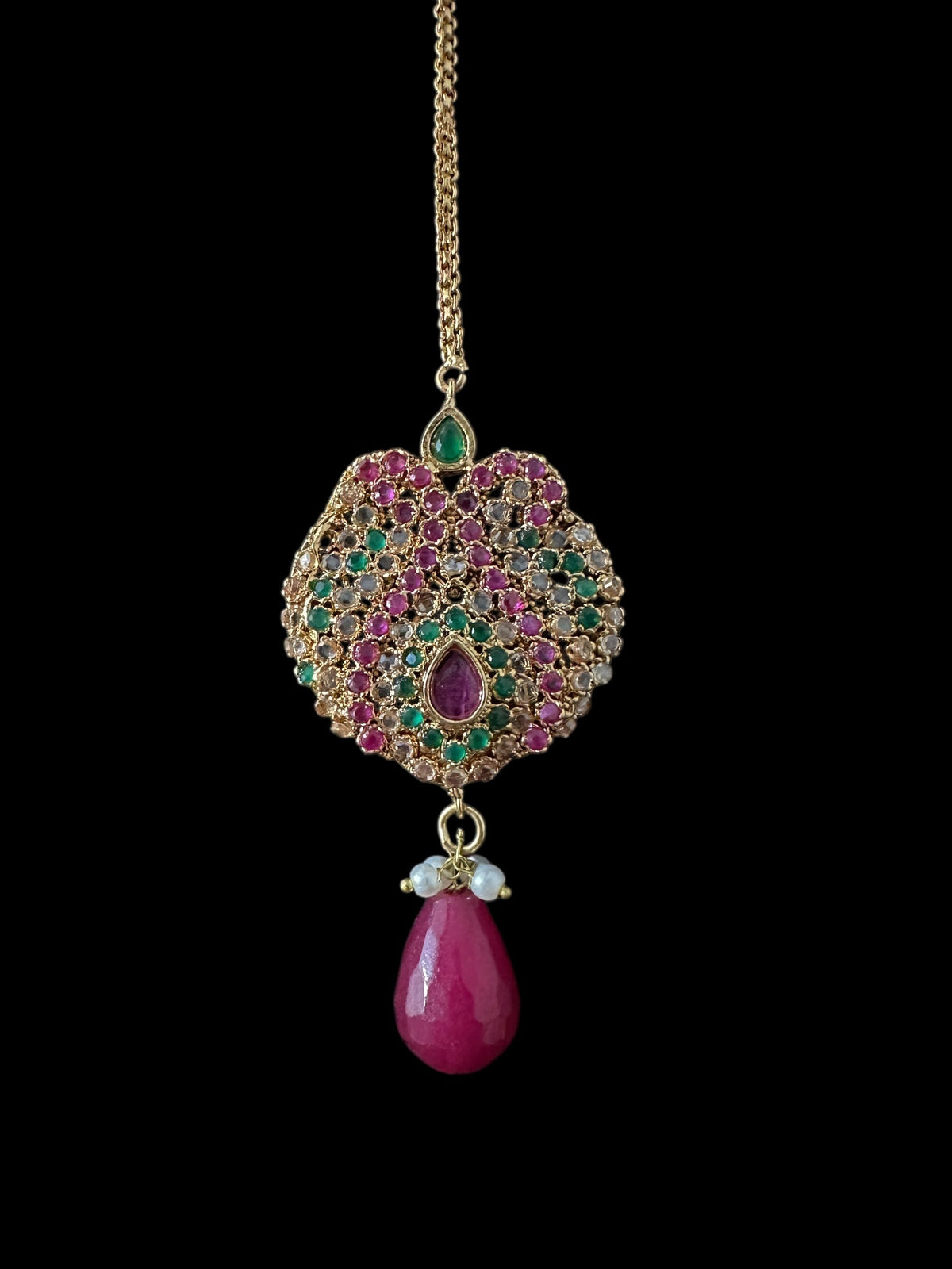 Deepa multicolor bridal CZ necklace set with jhoomar tika by Deccan Jewelry, featuring intricate design and vibrant colors.