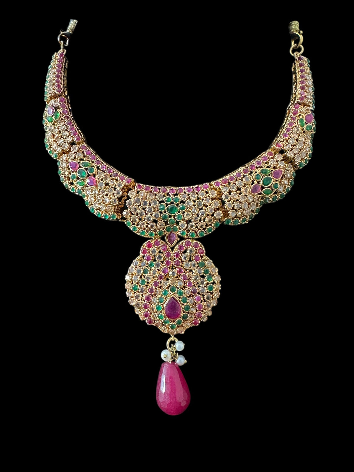Deccan Jewelry BR463 Deepa multicolor bridal CZ necklace set with jhoomar tika, featuring intricate design and vibrant colors.