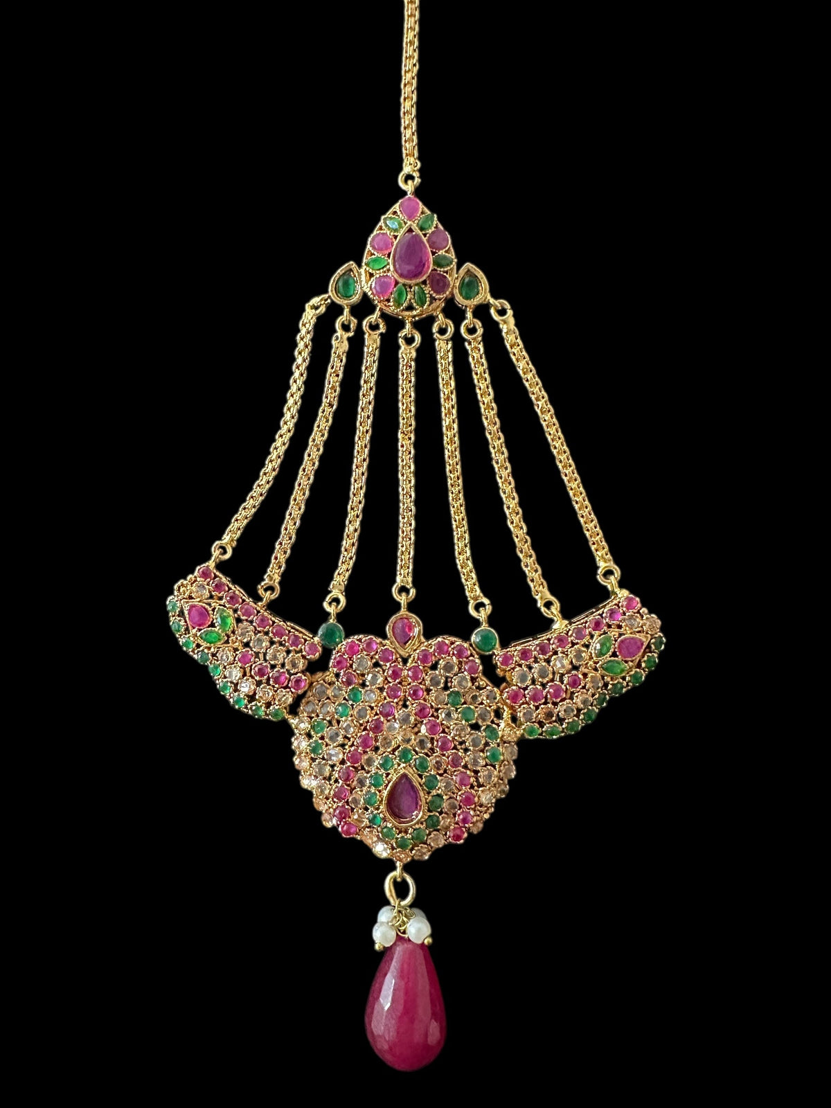 Deepa multicolor bridal CZ necklace set with jhoomar tika by Deccan Jewelry, featuring intricate design and vibrant colors.