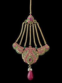 Deepa multicolor bridal CZ necklace set with jhoomar tika by Deccan Jewelry, featuring intricate design and vibrant colors.