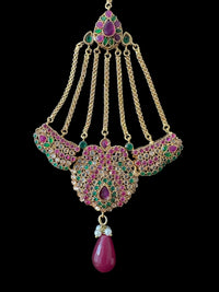 Deepa multicolor bridal CZ necklace set with jhoomar tika from Deccan Jewelry, featuring intricate design and vibrant stones.