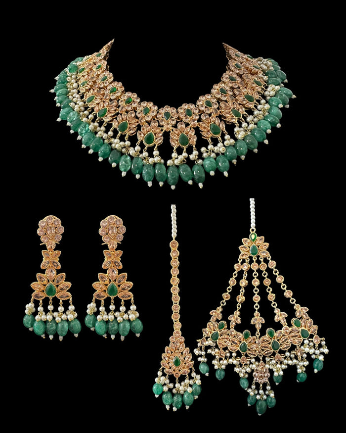 Deccan Jewelry BR500 Kafiya bridal set in gold and champagne stones with green beads, ready-to-ship wedding jewelry.