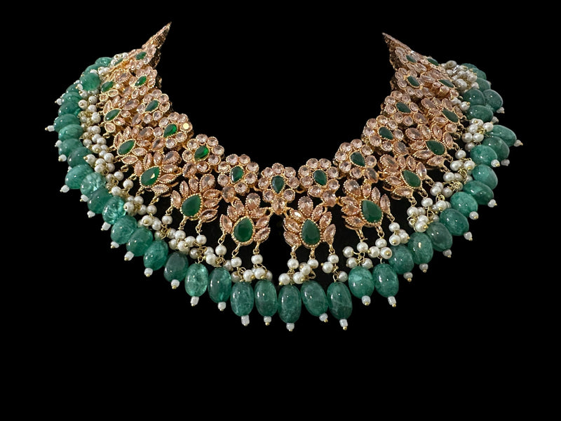 Deccan Jewelry BR500 Kafiya bridal set in gold and champagne stones with green beads, ready to ship, featuring intricate traditional design.