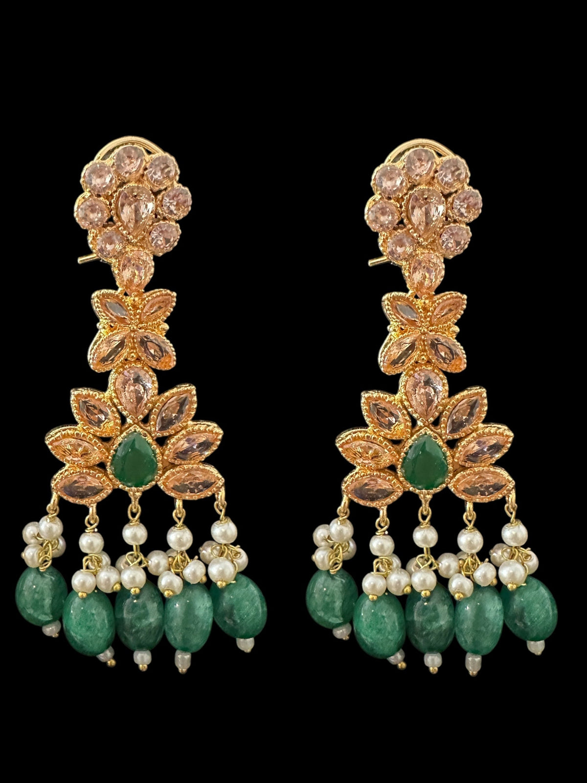 Deccan Jewelry BR500 Kafiya bridal set in gold and champagne stones with green beads, featuring intricate design for special occasions.