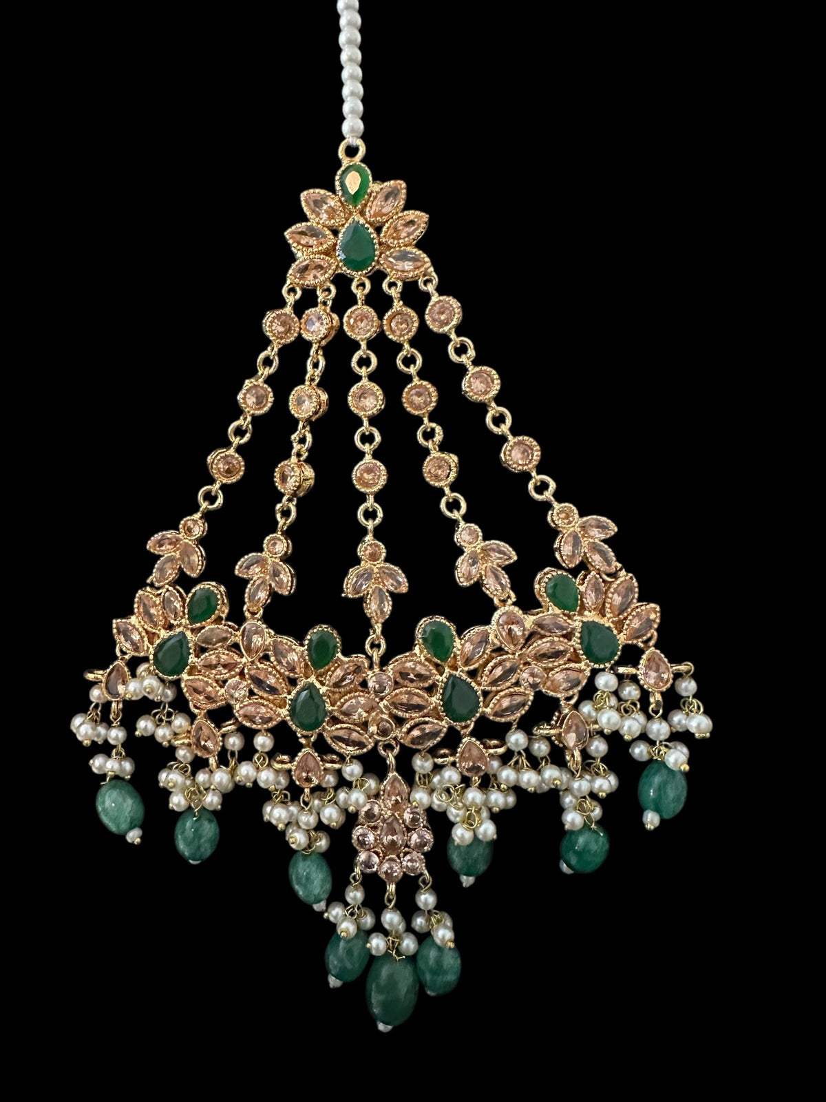 Deccan Jewelry BR500 Kafiya bridal set with golden and champagne stones, green beads, featuring intricate traditional design.