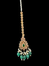 Deccan Jewelry BR500 Kafiya bridal set with golden and champagne stones, green beads, featuring intricate traditional jewelry design.
