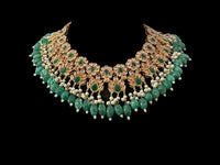 Deccan Jewelry BR500 Kafiya bridal set in gold and champagne stones with green beads, showcasing intricate design and craftsmanship.