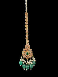 Deccan Jewelry BR500 Kafiya bridal set with golden and champagne stones, green beads, intricate design, ready to ship.