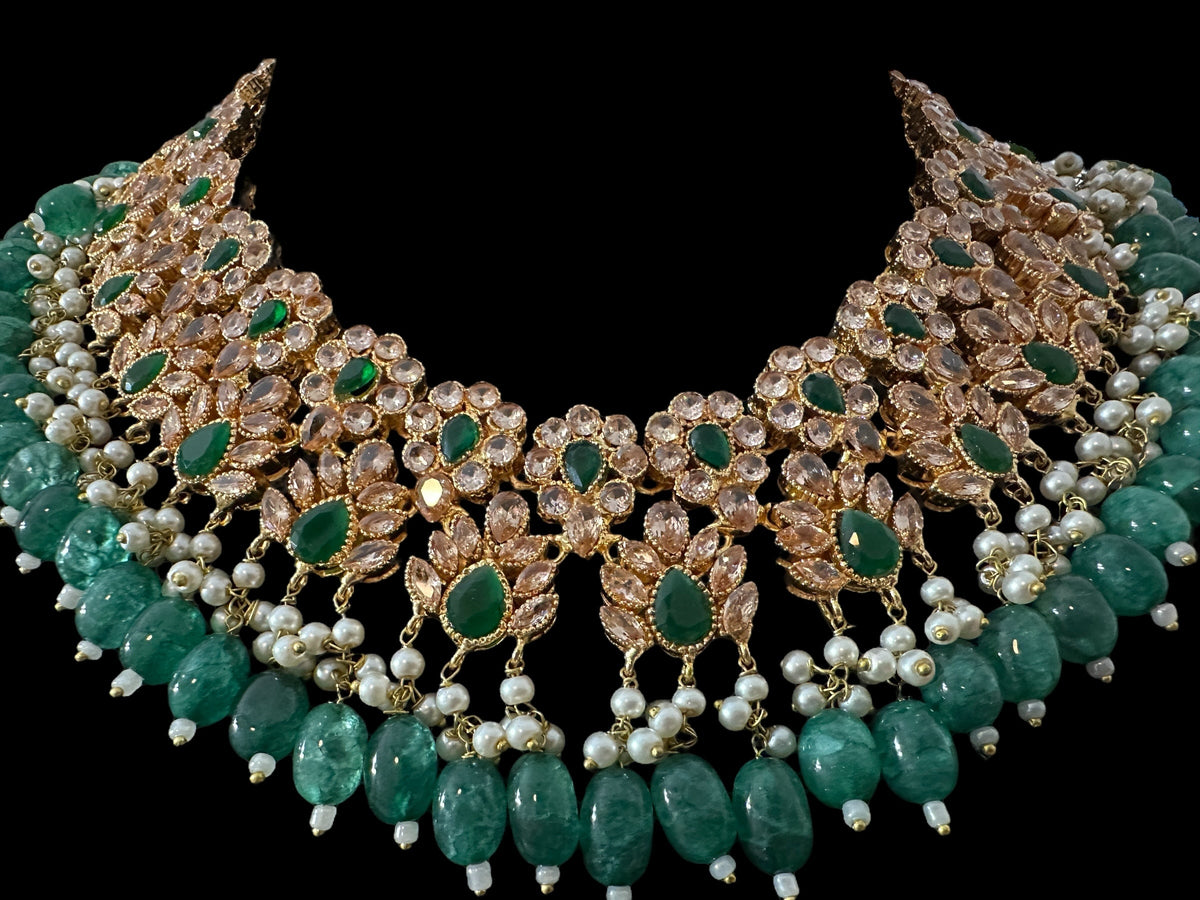 Deccan Jewelry BR500 Kafiya bridal set with golden champagne stones and green beads, featuring intricate design for special occasions