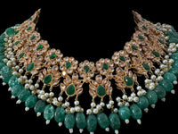Deccan Jewelry BR500 Kafiya bridal set with golden champagne stones and green beads, featuring intricate design for special occasions