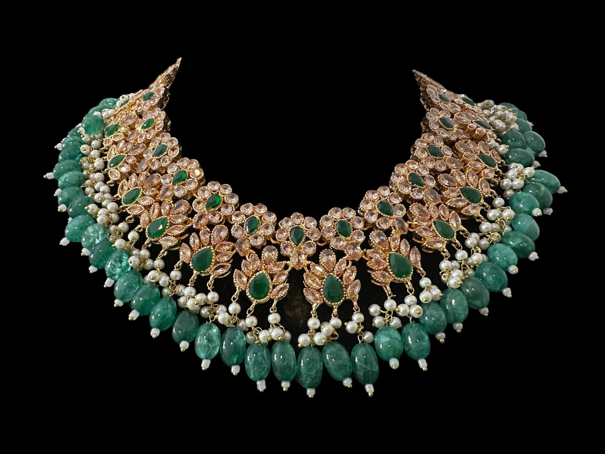 Deccan Jewelry BR500 Kafiya bridal set with golden champagne stones and green beads, intricate traditional jewelry design.