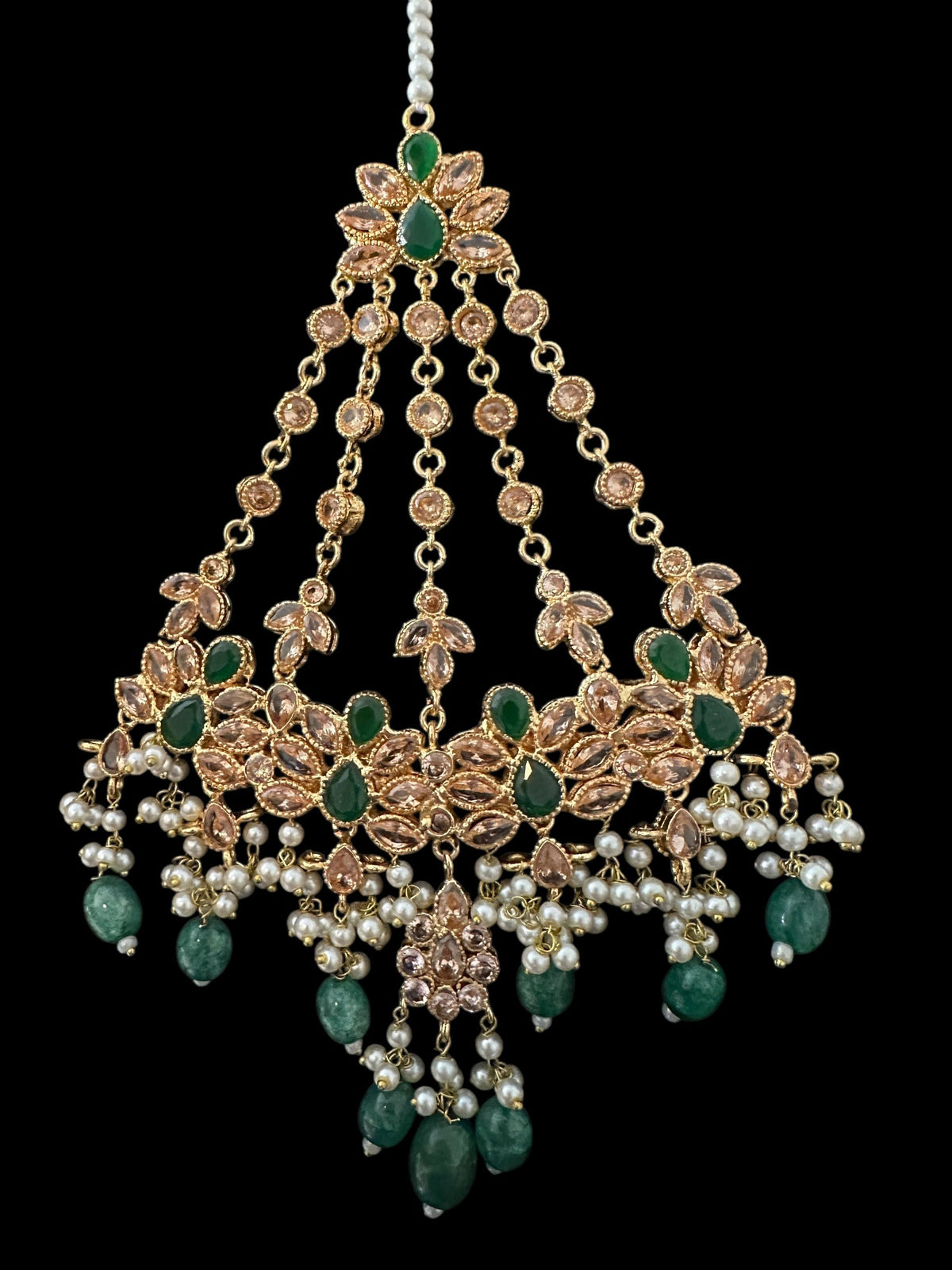 Deccan Jewelry BR500 Kafiya bridal set in gold and champagne stones with green beads, featuring intricate traditional design.