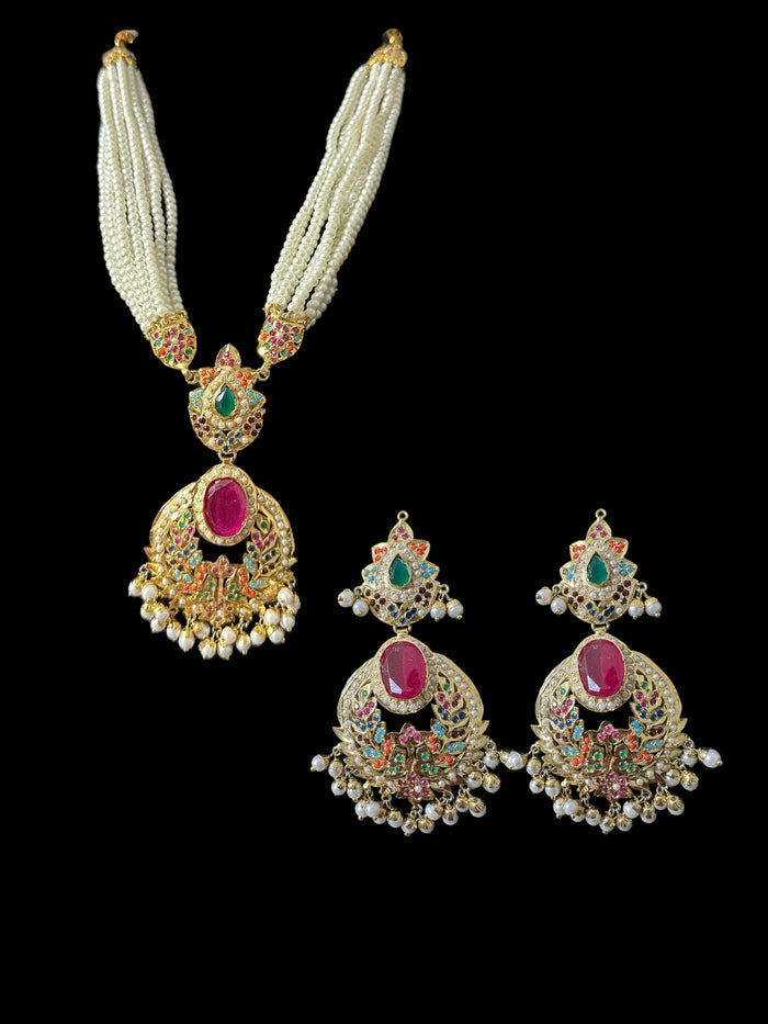 Deccan Jewelry Navratan Jadau necklace set with matching dangler earrings, intricate design, ready to ship, traditional Indian jewelry.