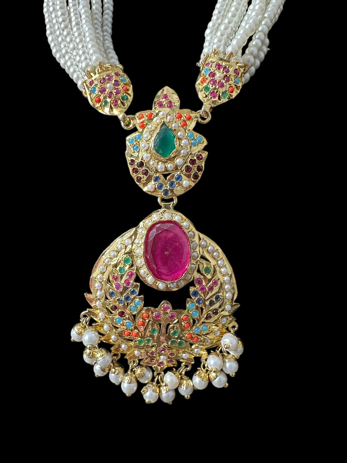 Deccan Jewelry Navratan Jadau necklace set with matching dangler earrings, intricate design, ready to ship, traditional Indian jewelry set.