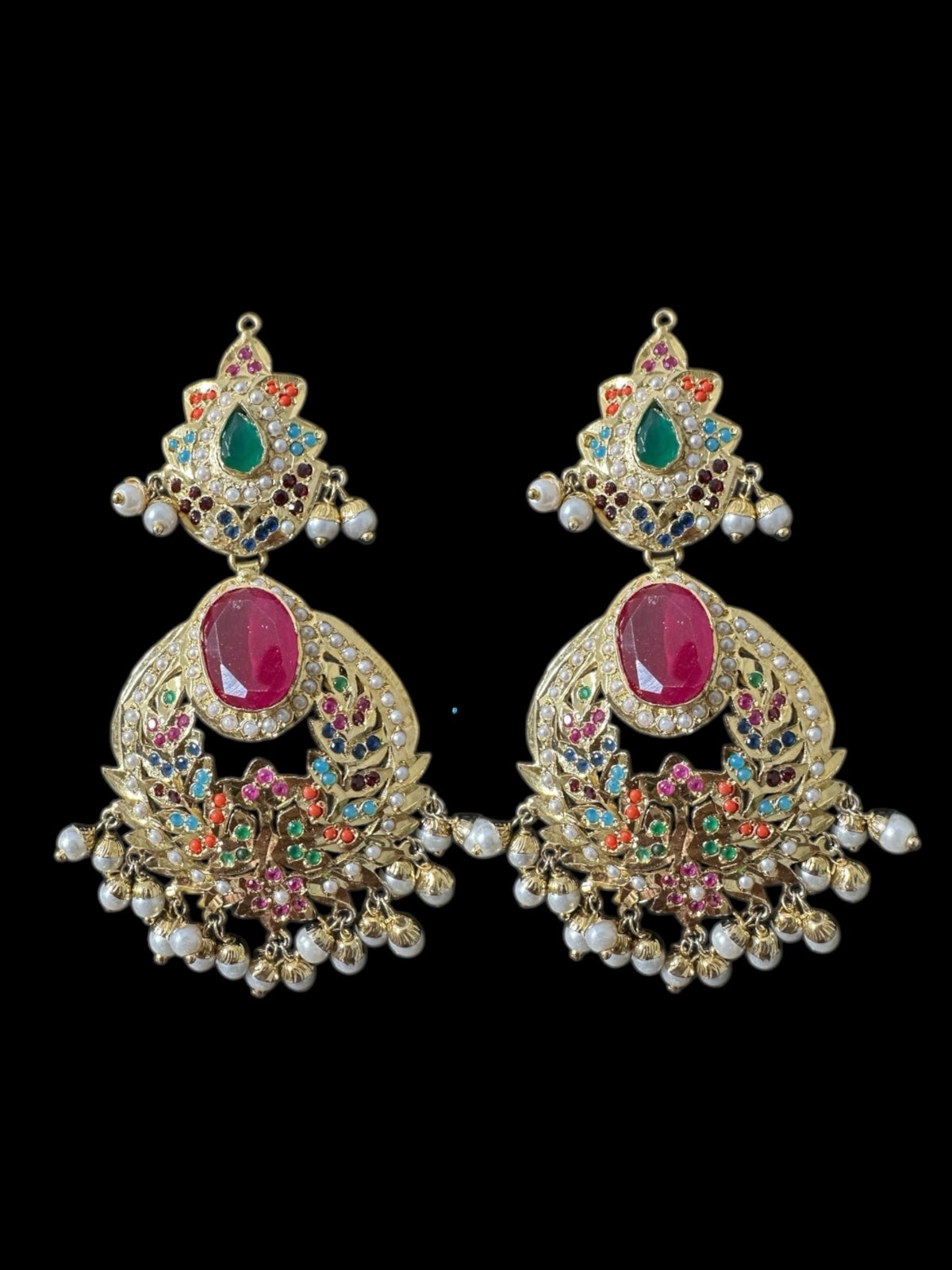 Deccan Jewelry Navratan Jadau necklace set with matching dangler earrings, intricate traditional Indian jewelry with colorful stones.